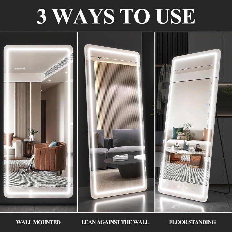 LED iluminado Wall Mount Mirror, Standing Mirror, Escurecimento, 3 modos de cores, branco, Full Body Decor, 71x28 em