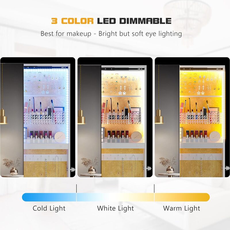 Lvifur 360 ° drehbar 63 ''LED Schmuck Schrank, Ganzkörper spiegel große Kapazität Boden stehend 3 Farben dimmbar Schmuck organisieren