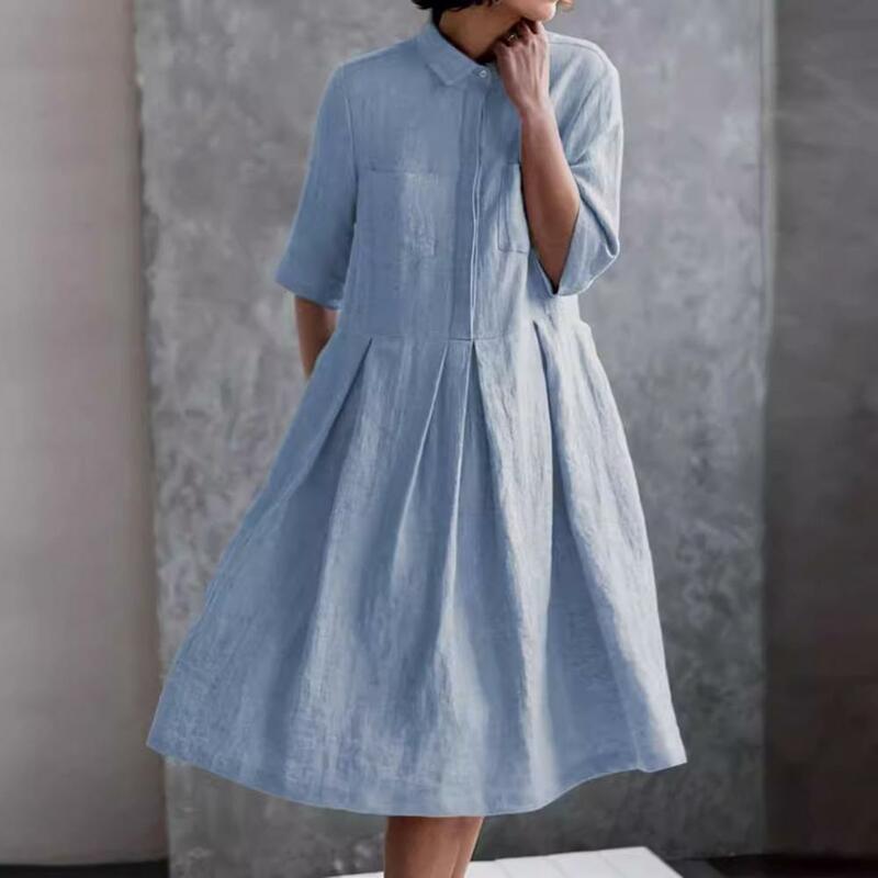 Casual Long Dress Stylish Women's Doll Collar A-line Midi Dress with Pleated Design Chest Pockets for Summer Dating Commuting