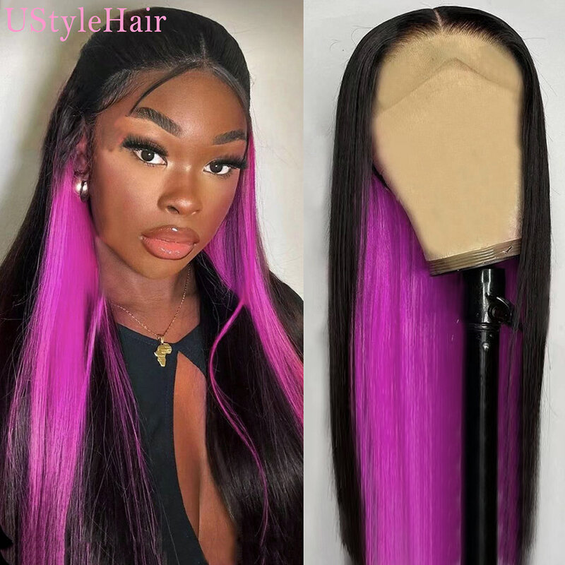 UstyleHair-Perruque Lace Front Wig synthétique bouclée, perruques Body Wave, naissance des cheveux naturelle, moitié noire et rose, pour femmes