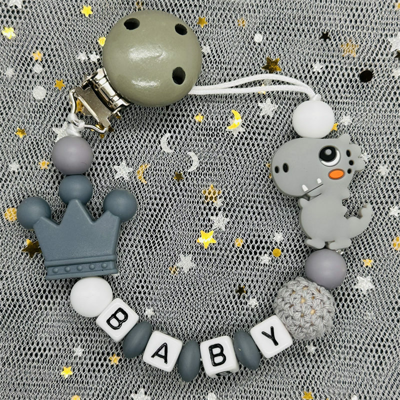 Hot Sale Custom Personalized Name Handmade Pacifier Clip Holder Silicone Dinosaur Pacifier Chain Baby Teether Teether Chain Gift