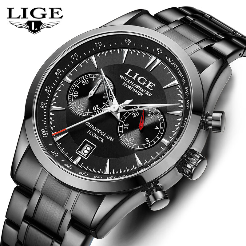 LIGE jam tangan konograf pria, arloji olahraga Quartz mewah merek terkenal Stainless Steel
