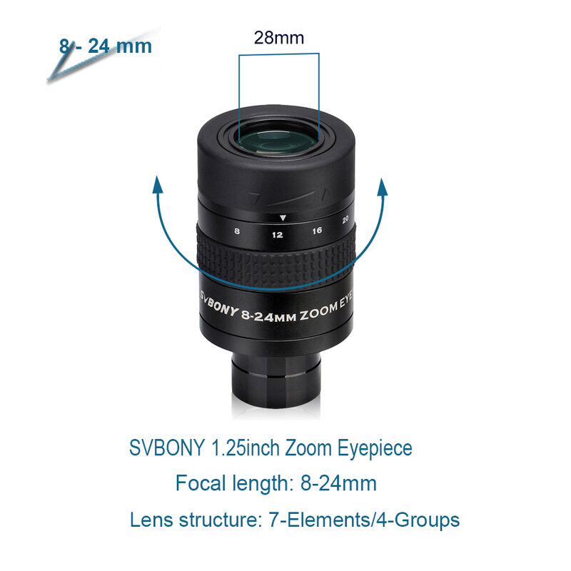 SVBONY-Ocular Telescópio Zoom, Lente FMC, Acessório Telescópio Astronômico, 7-21mm, 8-24mm, 10-30mm, 1,25"