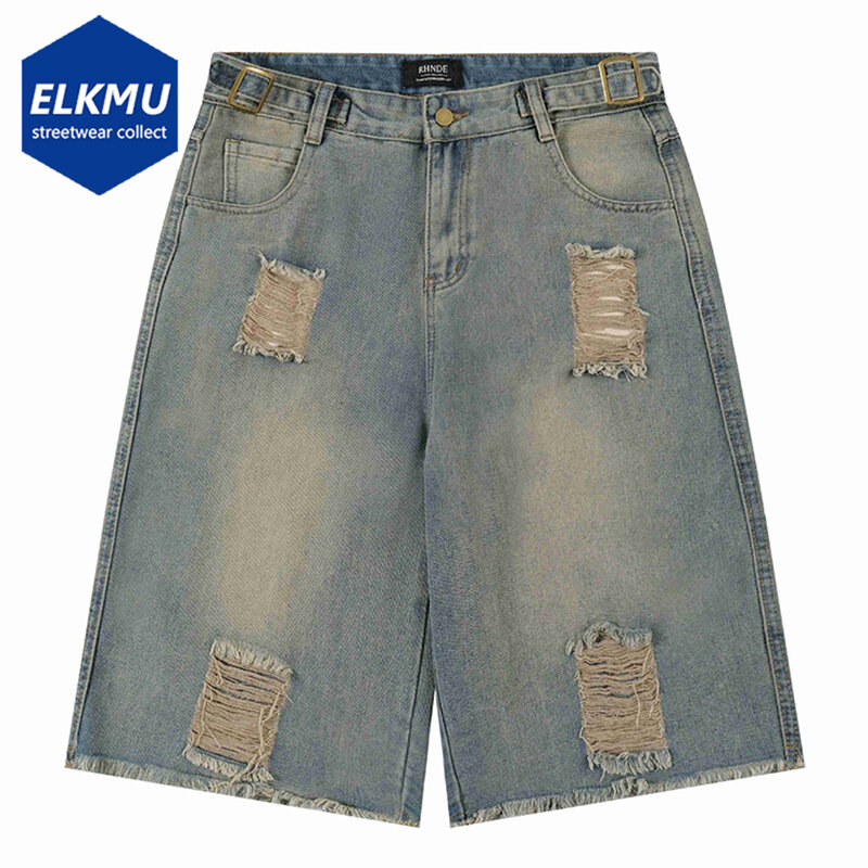 Jeans largos rasgados para homens, shorts jeans azul vintage, shorts casuais soltos masculinos, verão, Y2K, 2024