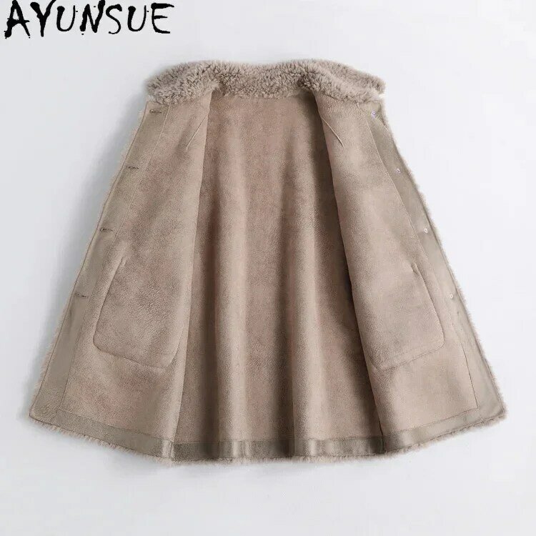 AYUNSUE-Casaco de pele casual de peito único feminino, jaqueta elegante de corte de ovelha 100% lã, outono, inverno, novo, 2024