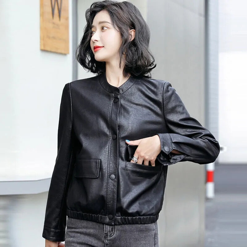 용수철 여성용 스탠드업 칼라 가죽 재킷, 짧은 오토바이 코트, 겉옷, 2023 신상, 가을