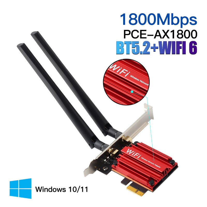 Adaptor nirkabel Dual Band, kartu jaringan Wi-fi 1800Mbps 6 Bluetooth 5.2 MT7921 AX200 PCI Express, Dual Band 802.11AX/AC Windows 10 11