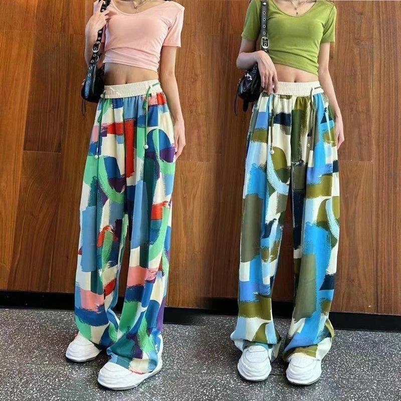 2024 musim panas baru wanita cetak Korea pantai longgar elastis pinggang tinggi serut Fashion lurus kasual celana kaki lebar