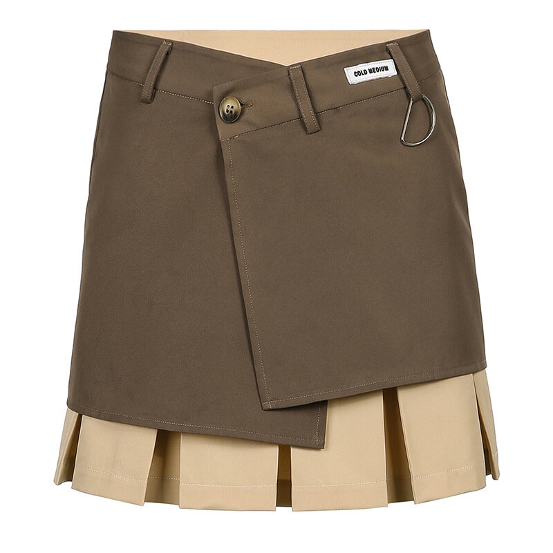 2022 New College Wind Brown Pleated Skirt Women's 2022 New Fashion High Waist Contrast Color Fake Two-piece Pleated Skirt