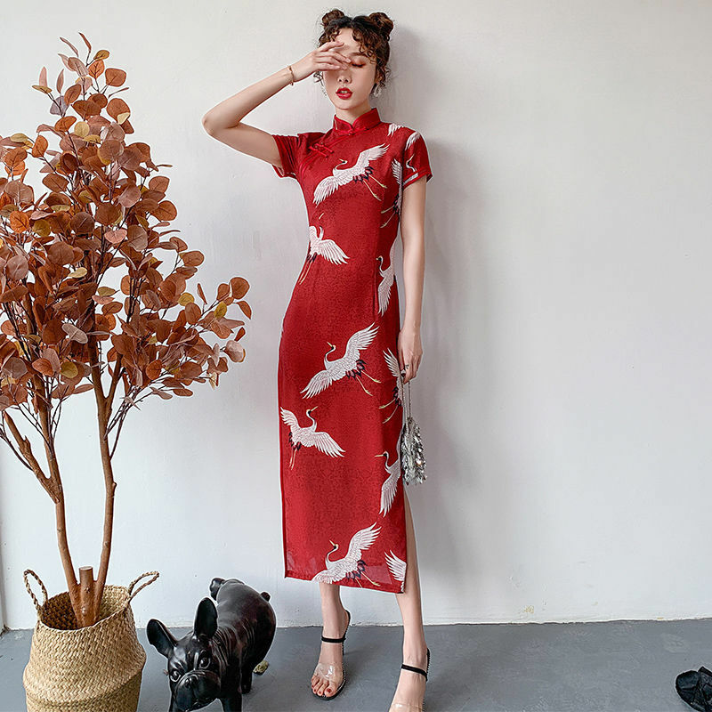 Vestido de Qipao estilo nacional chinês feminino, estampa curta, vintage, fino, moderno, primavera, verão, moda, 2023