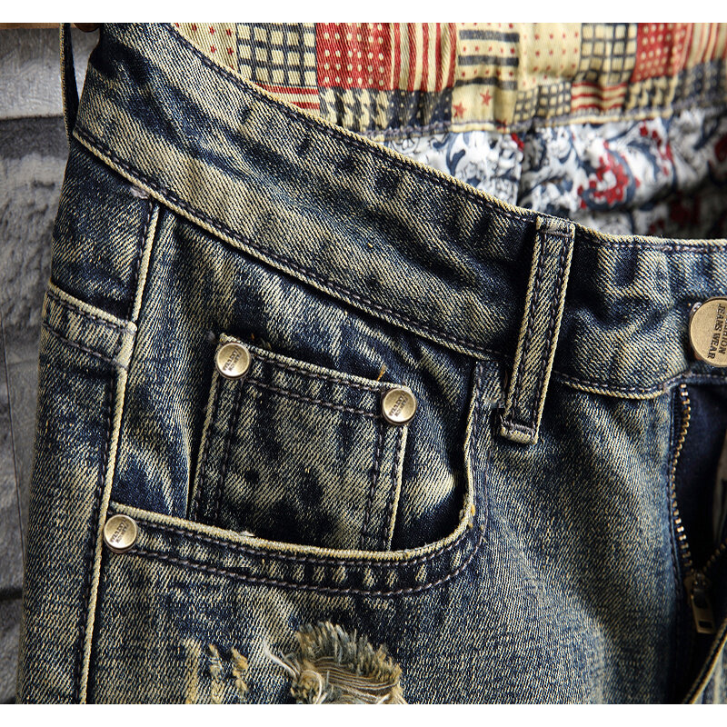 Джинсовые шорты для мужчин, модные брендовые свободные прямые брюки средней длины с разрезом, индивидуальные уличные повседневные джинсы, Новинка лета 2024