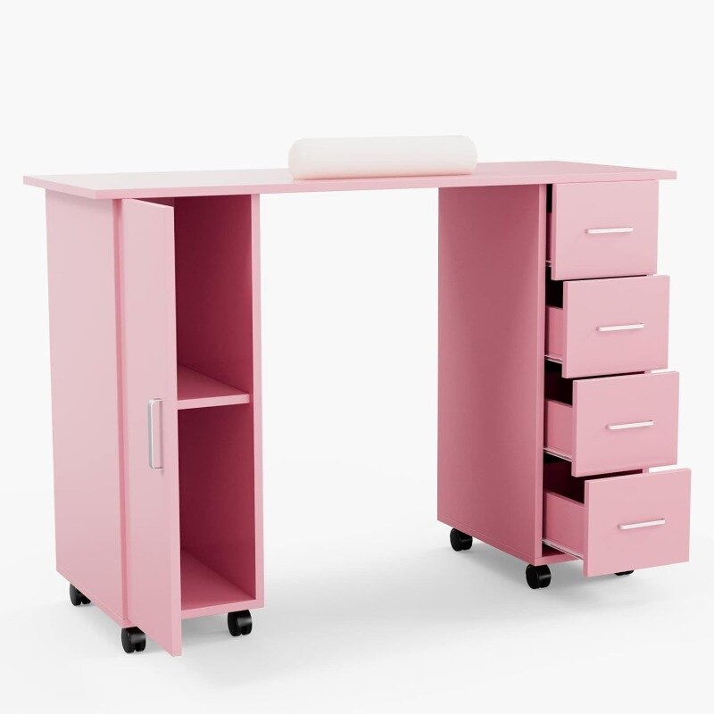 Manicure Nail Desk for Technician, Acetone Resistant Wooden Salon Spa Nail Table Station w/Cabinet, Drawers