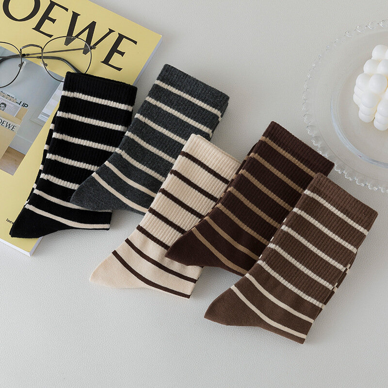 5Pairs Striped Socks Women'S Mid-Tube Socks High Elastic Long Stockings Spring And Autumn Trendy Versatile Student Socks