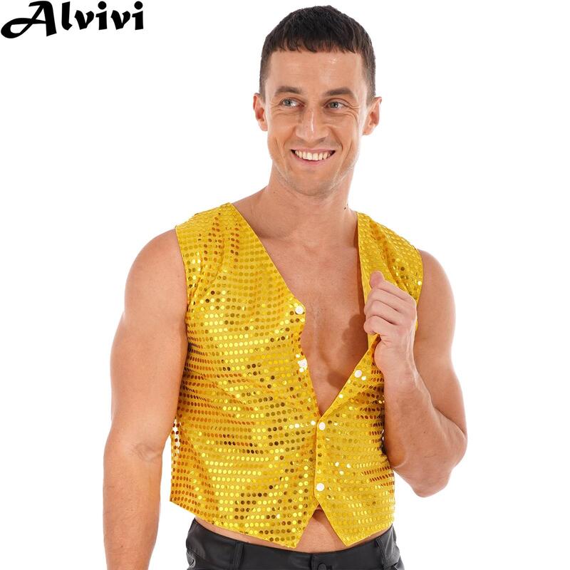 Womens Mens Jazz Dance Stage Performance Vest Music Festival Carnival Theme Party Cosplay Costume Shiny Sequins Waistcoat Tops