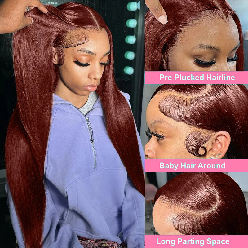 Peluca recta de hueso marrón rojizo para mujer, peluca Frontal de encaje HD 13x6, cabello humano brasileño transparente de color rojo 13x4