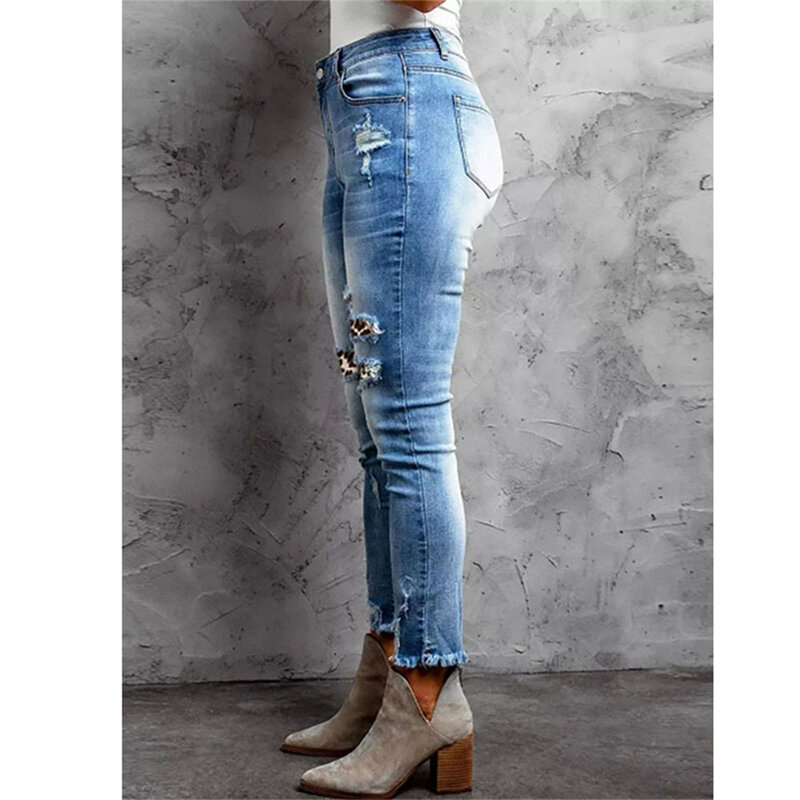 Jeans Sobek Pinggang Sedang Retro Baru Musim Gugur 2022 untuk Wanita Celana Pensil Denim Ramping Fashion Jeans Wanita Elastis Kasual