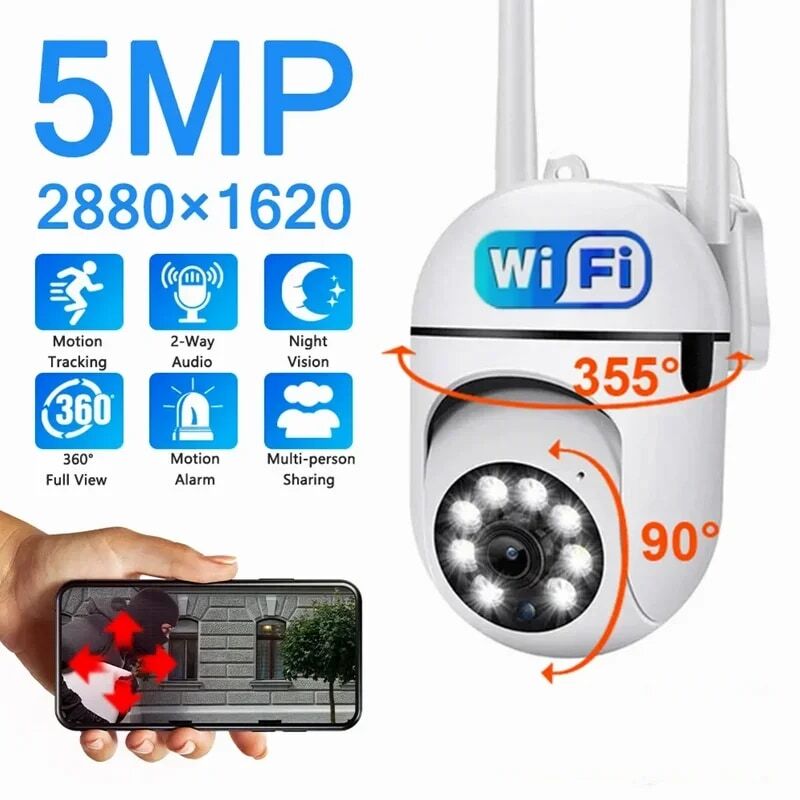 Monitor de seguridad inalámbrico para el hogar, cámara de vigilancia HD de 5MP con Wifi, visión nocturna a Color, impermeable IP66, para exteriores