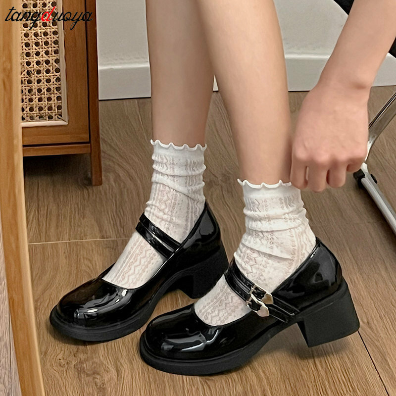 Mary Jane Shoes Female summer Retro 2024 New Thick-soled British Style Loafers Leather Student Shoes Women heels lolita shoes