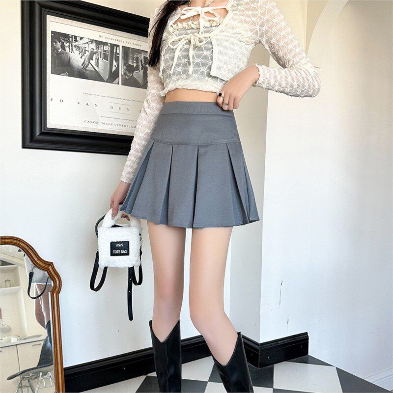 Minissaia plissada de cintura alta feminina, uniforme escolar coreano, meia saia com zíper feminino, preta e cinza, moda verão, JK