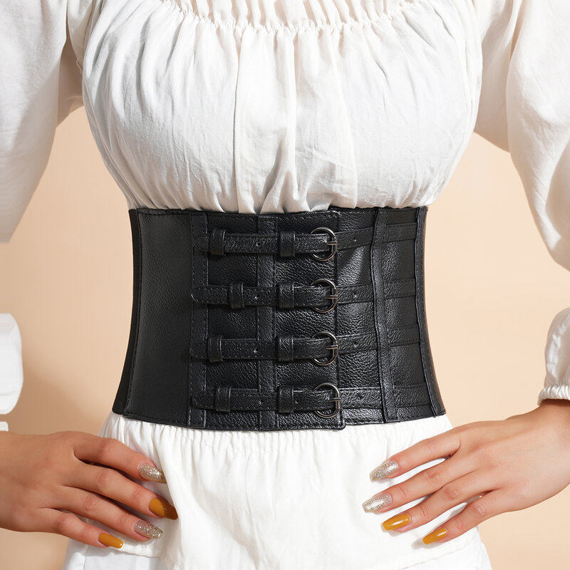 Retro quattro fibbie moda Raist decorativo cintura elastica larga da donna appare sottile usura fuori corsetto in vita per le signore