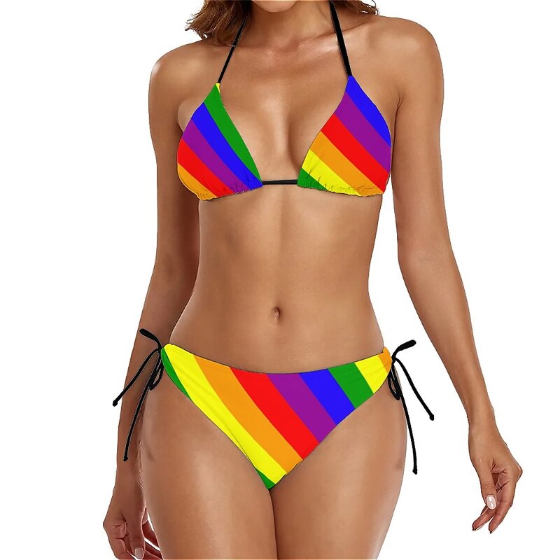 Bikini con estampado de arcoíris para mujer, traje de baño con realce de rayas de colores, conjunto de Bikini de moda, traje de baño Sexy de corte alto