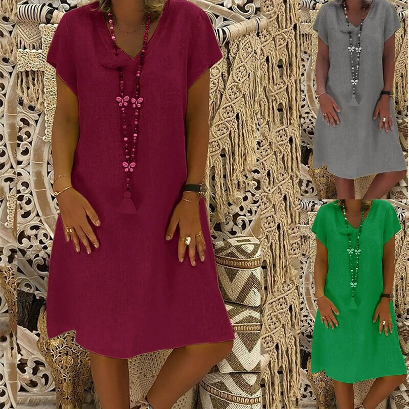 女性のための自由奔放に生きるスタイルのリネンとコットンのサマードレス,カジュアルな半袖の服,ルーズフィット,Vネック,ヴィンテージスタイル
