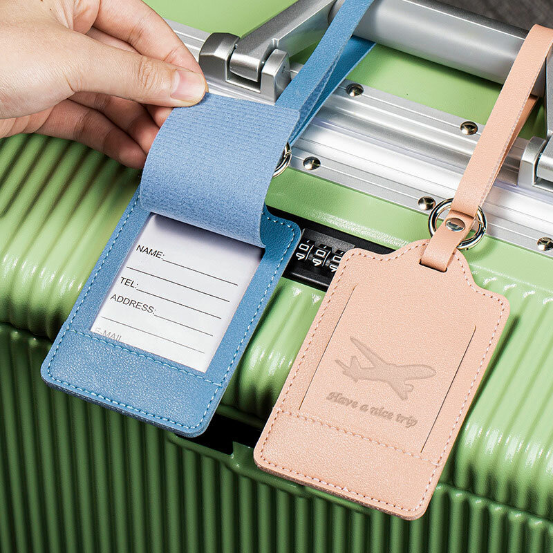 Tag koper kulit PU nama kustom untuk bagasi pesawat perjalanan portabel Tag kulit kotak-kotak