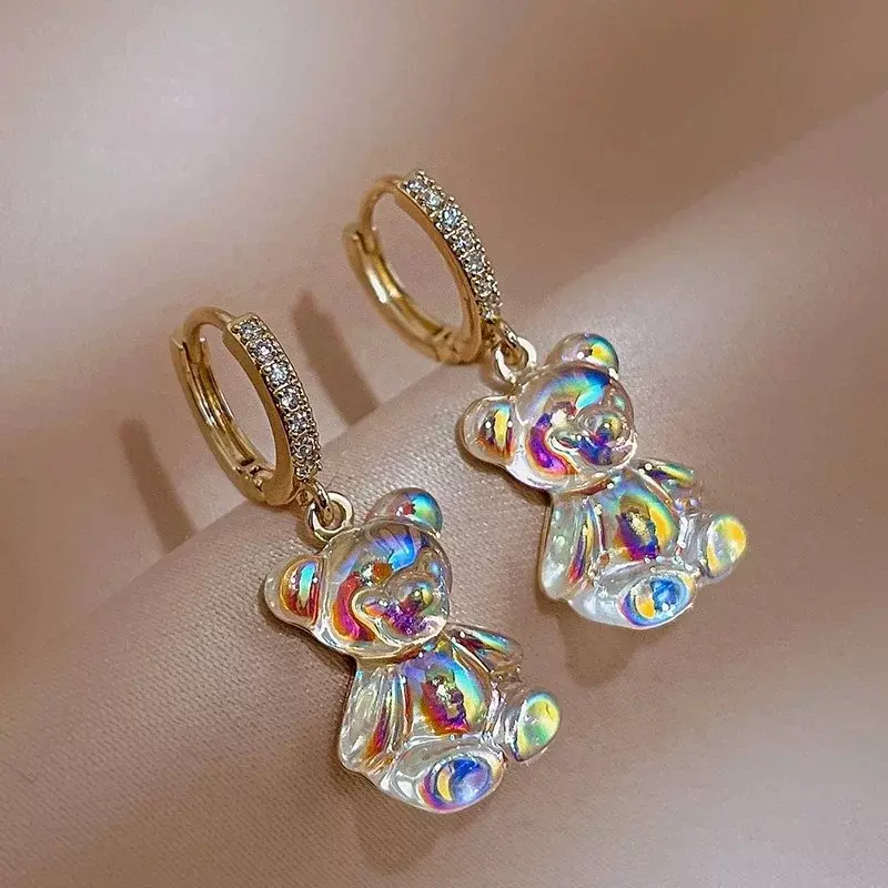 Brincos de goma de acrílico doce Dangle para mulheres, arco-íris Bear CZ Hoop, Sweet Girl Jewelry, bonito moda coreana, 2022