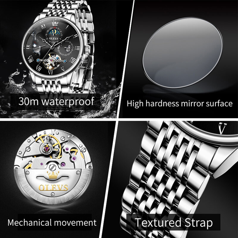 OLEVS-Relógio Mecânico Turbilhão de Luxo Masculino, Aço Inoxidável, Impermeável, Automático, Fases da Lua Relógios de Pulso, Novíssimo