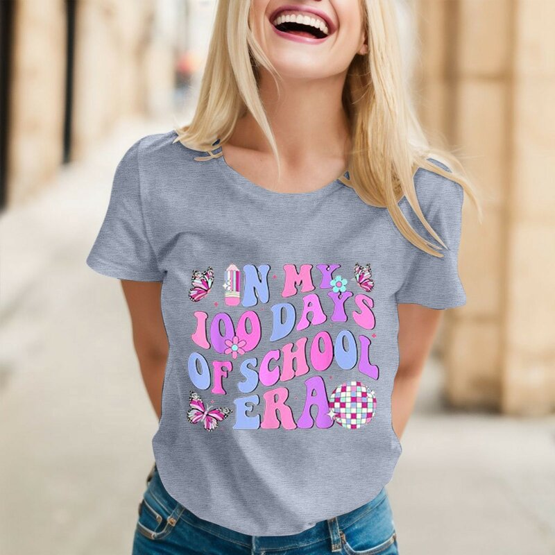 Graphic Tee Shirts Women 100 Days of School Tshirts Women Casual Printing Shirts Round Neck Short Sleeve Tee Tops Tunic Blouse