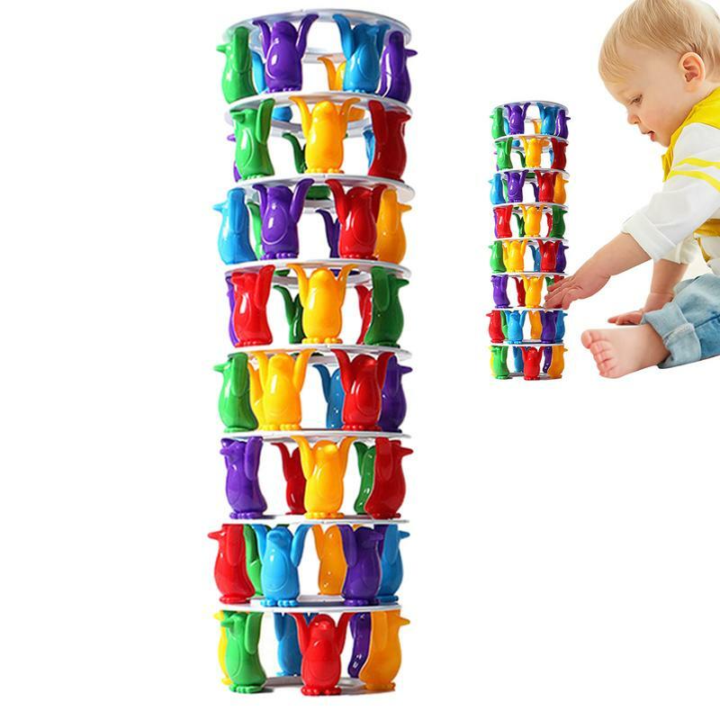 Zabawka do układania zwierząt pingwin wieża do układania interaktywna zabawki do budowania kreatywna przewracanie krzywej wieży zabawka umiejętności motoryczne