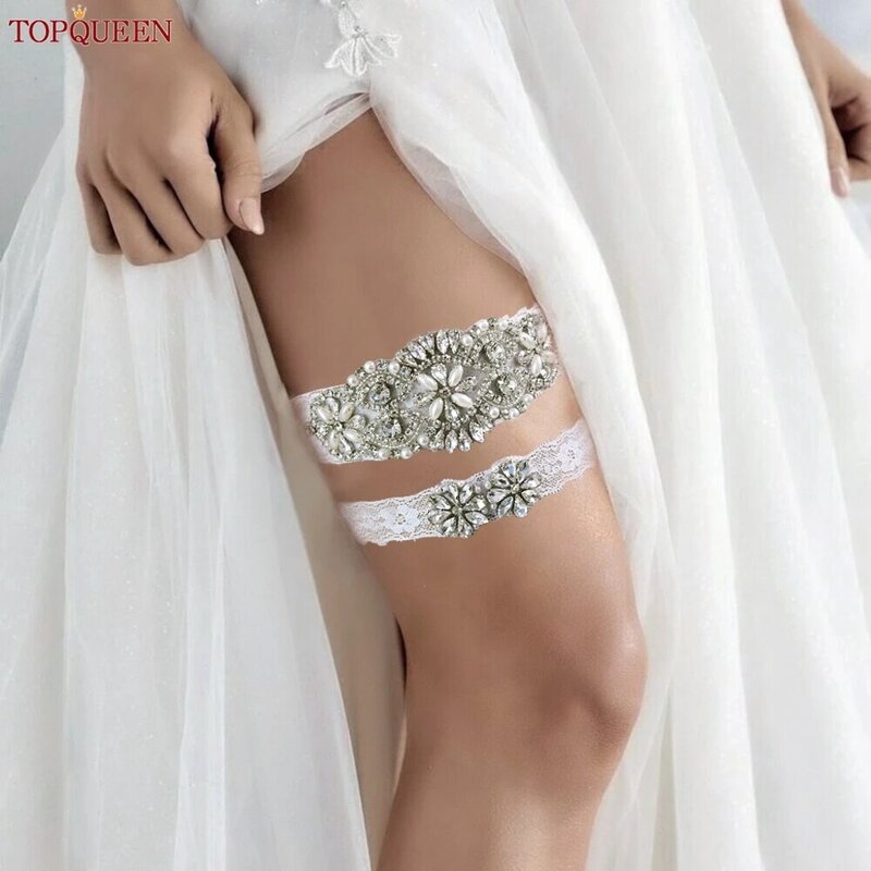 TOPQUEEN-Conjunto de liga de encaje blanco para mujer, cinturón de diamantes de imitación plateados, ligas de boda negras para vestido de novia, S76
