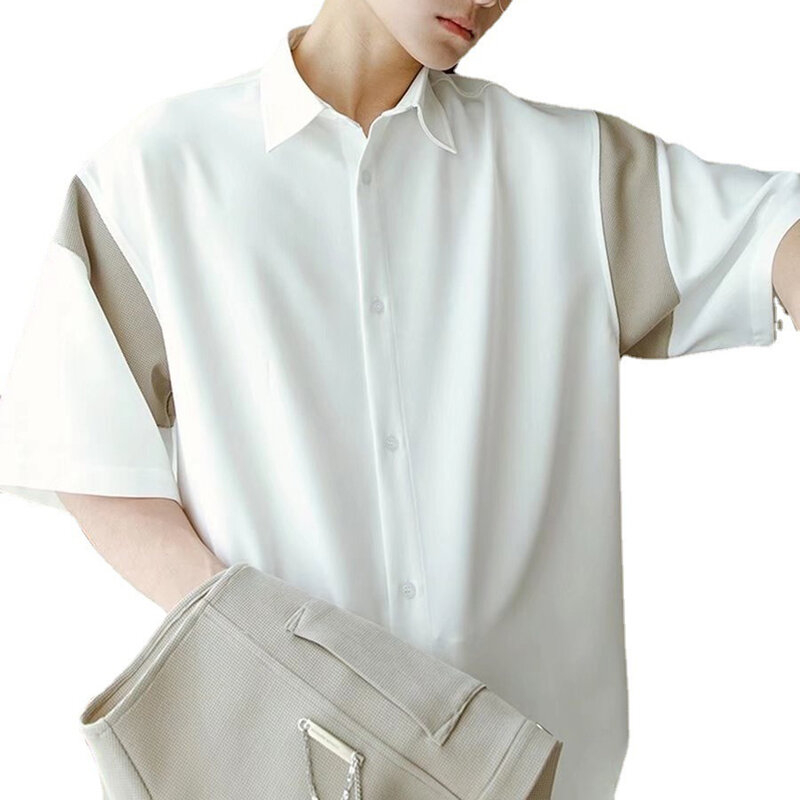 Camisa casual respirável masculina, lapela bonito, top minimalista solto, manga curta, lazer simples, quente, novo