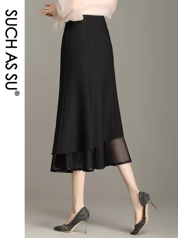 Falda de sirena de cintura alta para mujer, falda larga de malla de punto, color negro con volantes, talla S-XXXL, primavera y verano, 2023