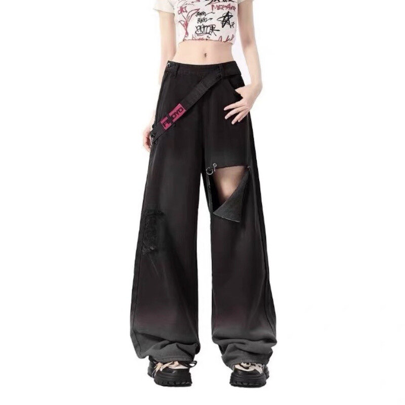 Женские рваные джинсы с перфорацией, Модные свободные прямые брюки с высокой талией и широкими штанинами, 2024