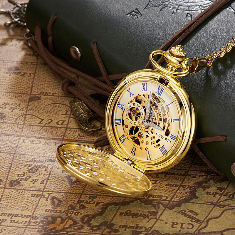 นาฬิกากระเป๋าสตางค์คลาสสิคกลไกผู้ชายนาฬิกาวินเทจสไตล์สตีมพังก์นาฬิกาห้อยระย้าด้ามจับสแตนเลสสีทองสีดำ
