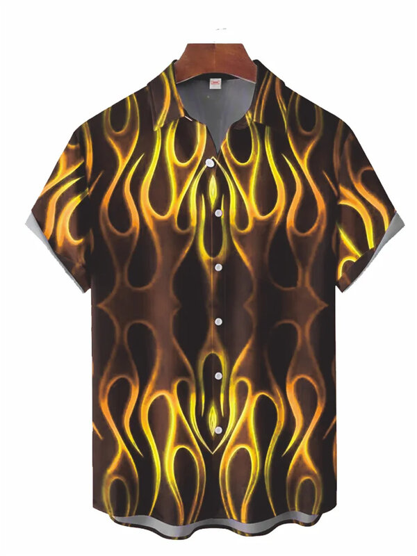 Colorful Flame Print men's short-sleeved Shirt Hawaiian Beach men's Fashion Lapel Top Casual men's Shirt 2024 New Style