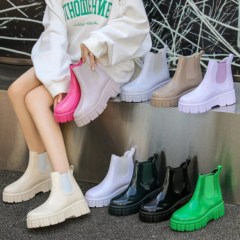 Spring Ladies Locomotive Casual Rain Boots Low Tube High Top Ladies Rain Boots Punk Thick Bottom Non-Slip Wear-Resistant Shoes