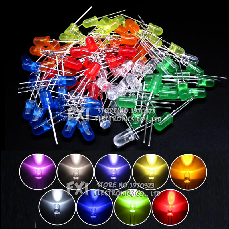 Assorted F5 LED diodo kit, diodo emissor de luz, branco, verde, vermelho, azul, amarelo, laranja, rosa, roxo, quente, DIY, Bxv, 5mm, 100pcs
