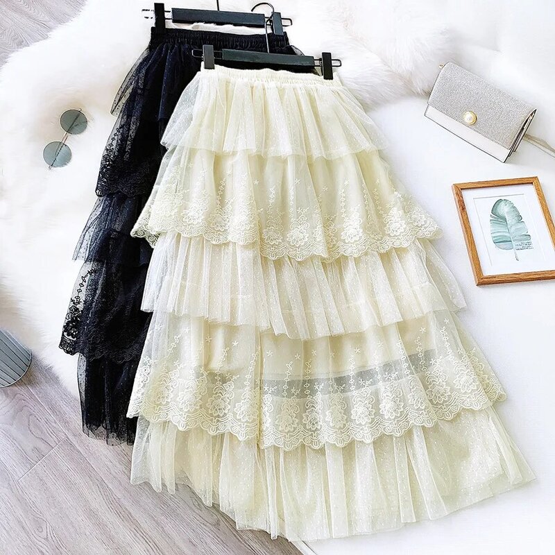 Нежная кружевная юбка в горошек, милая сказочная юбка с вышивкой в виде цветов, новинка 2023, осенняя Корейская пушистая юбка в горошек