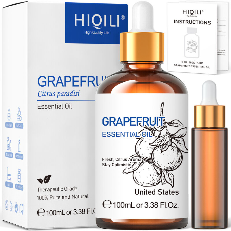 HIQILI 100ML Grapefruit Essential Oils,100% Pure Nature for Aromatherapy, Diffuser, Humidifier, Massage, Creating Aromatherapy