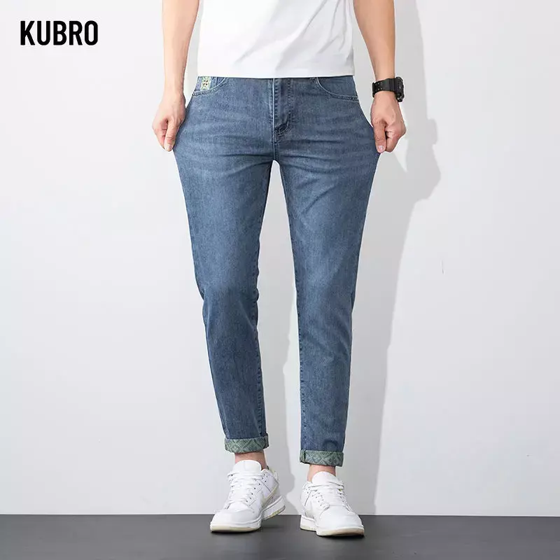 KUBRO-Jean droit élastique en coton pour homme, pantalon en denim, coupe régulière, style classique, minimaliste