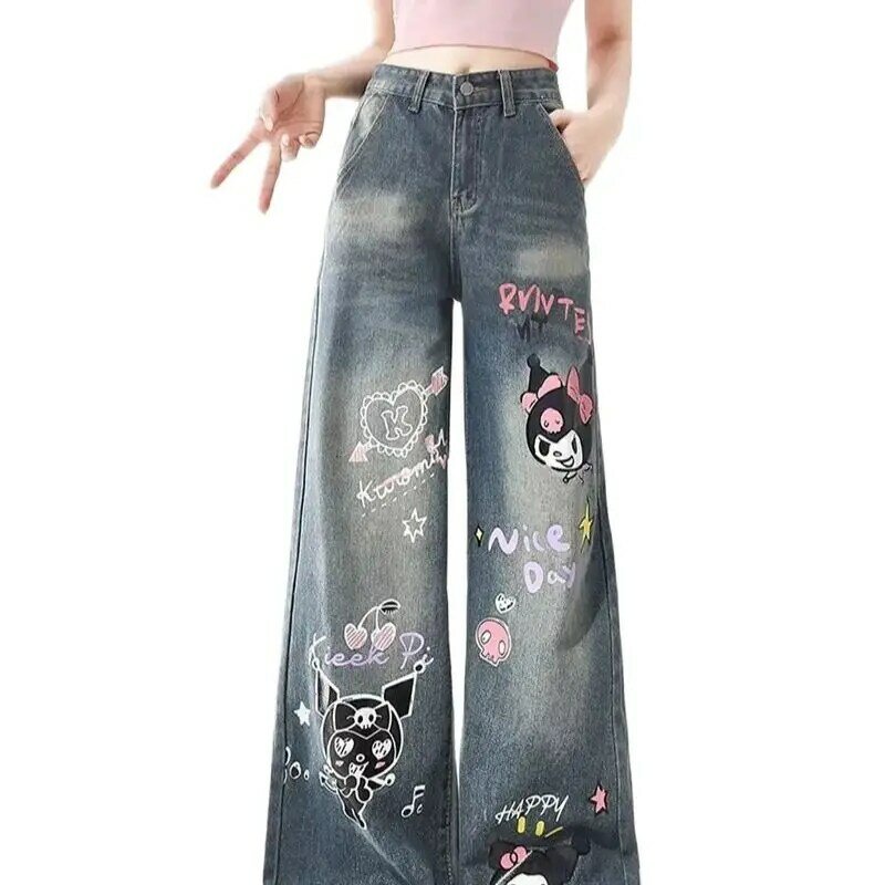 Jeans Kuromi Cartoon Doodle Streetwear Korean Style Fashion Wide Leg Pants For Women Y2k Female Loose Straight Harajuku Trousers