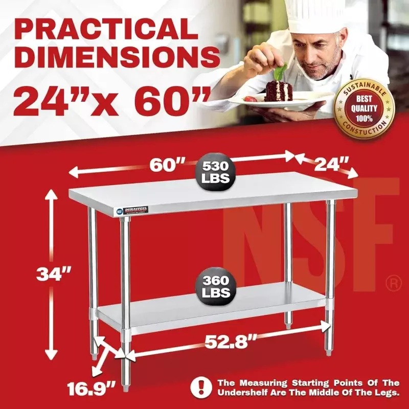 Cozinha Ilha Workstation com prateleira ajustável, mesa de aço inoxidável durável, NSF Certified Work Table, Cooki, 24x6 Polegada