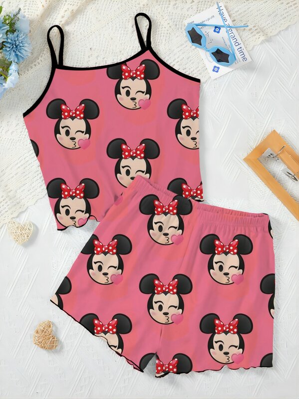 Conjunto elegante de duas peças feminino, top de Mickey, Minnie Mouse, guarnição de alface, vestido deslizante, pijama, saia, camiseta