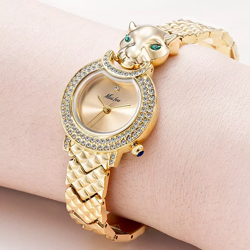럭셔리 레오파드 18K 골드 도금 여성용 시계, 우아한 여성용 쿼츠 시계, 블링 아이스 아웃 다이아몬드 여성 시계