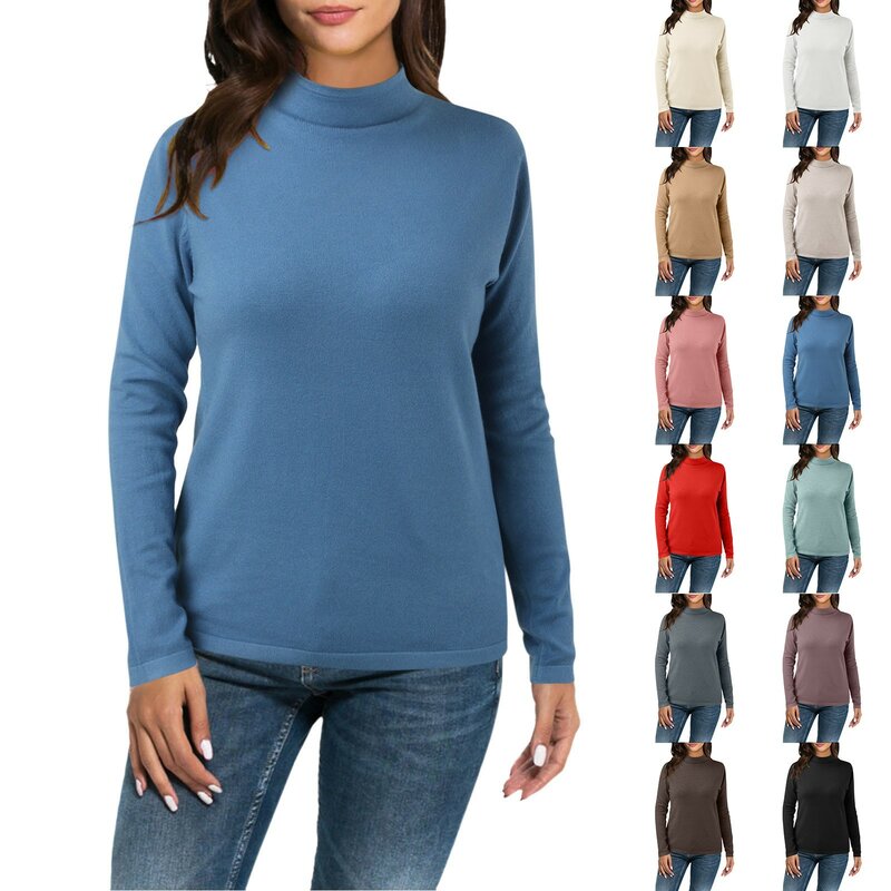 Autumn And Winter New Women's Short Half High Neck Solid Colour Pullover Bottom Warm Knit Sweater Slim Fit Thermal Pullover Tops