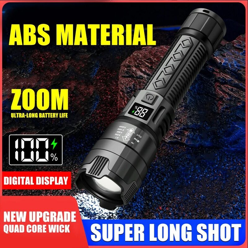 Powerful LED Flashlight USB Reachargeable Tactical Zoom Torch 1200Mah Built-in Battery Outdoor Emergency Fishing Camping Lantern