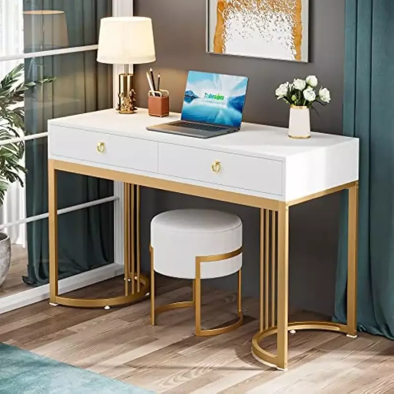 2つの引き出し,モダンでシンプルな白いテーブル,洗面化粧台,金色の金属フレームハンドル,47インチの化粧台