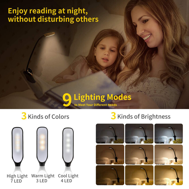 Luz de leitura USB recarregável, 7 LED, 3 níveis, quente, legal, branco, luz do dia, portátil, flexível, clipe fácil, lâmpada da noite